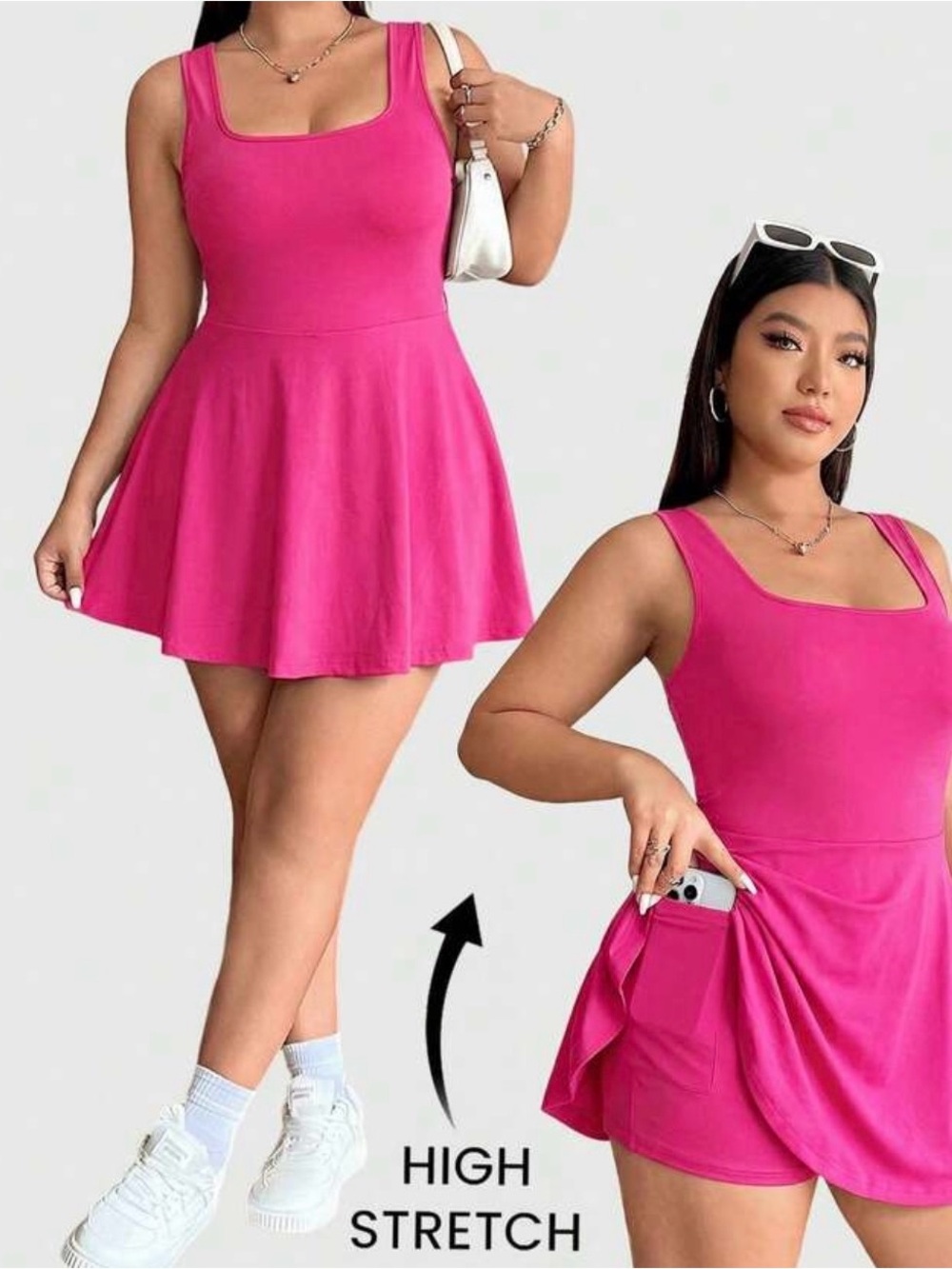 Women’s High-Stretch Square Neck Skater Dress - Pink